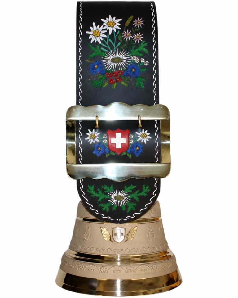 Berger-Kuhglocke mit Alpenblumen auf schwarzem Lederriemen und Schweizer Wappen